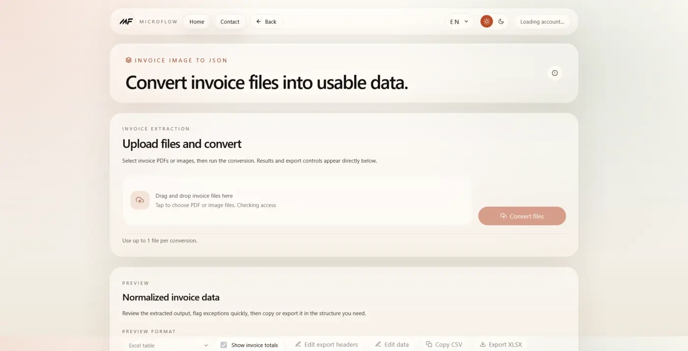 MicroFlow invoice upload area with conversion controls and a data preview.