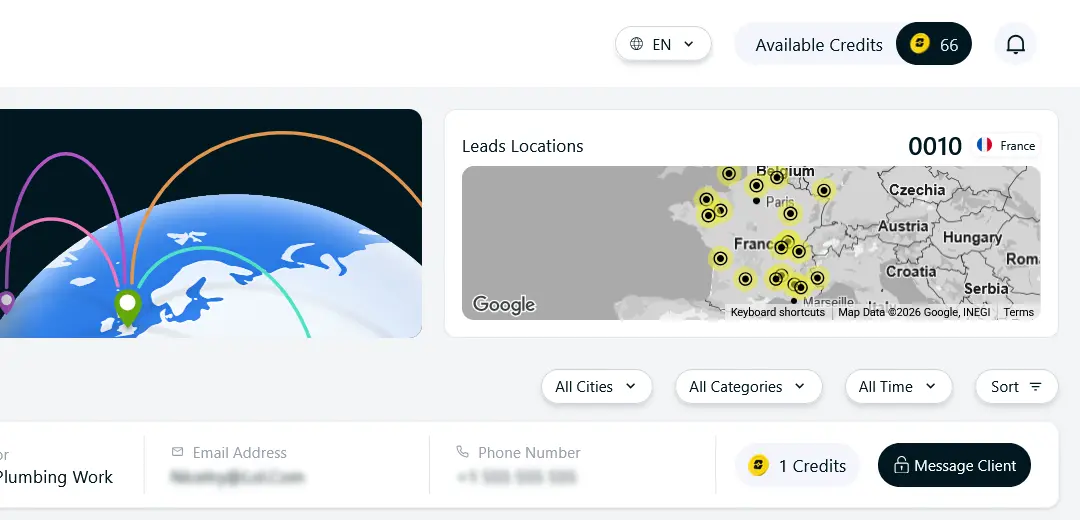 Zonpro dashboard with a map of lead locations, filters, and a lead row with blurred contact details.